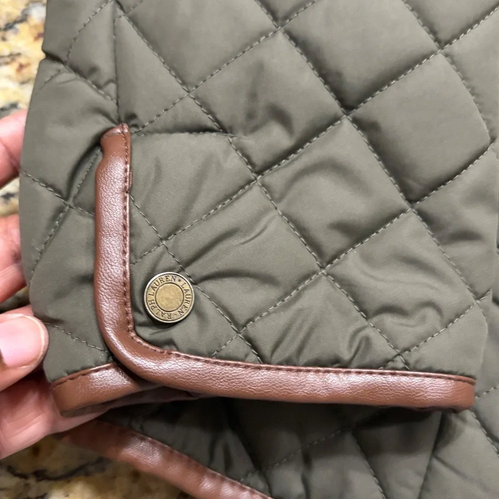 Lauren Ralph Lauren Quilted Jacket Olive Green Faux Leather Trim Women Large